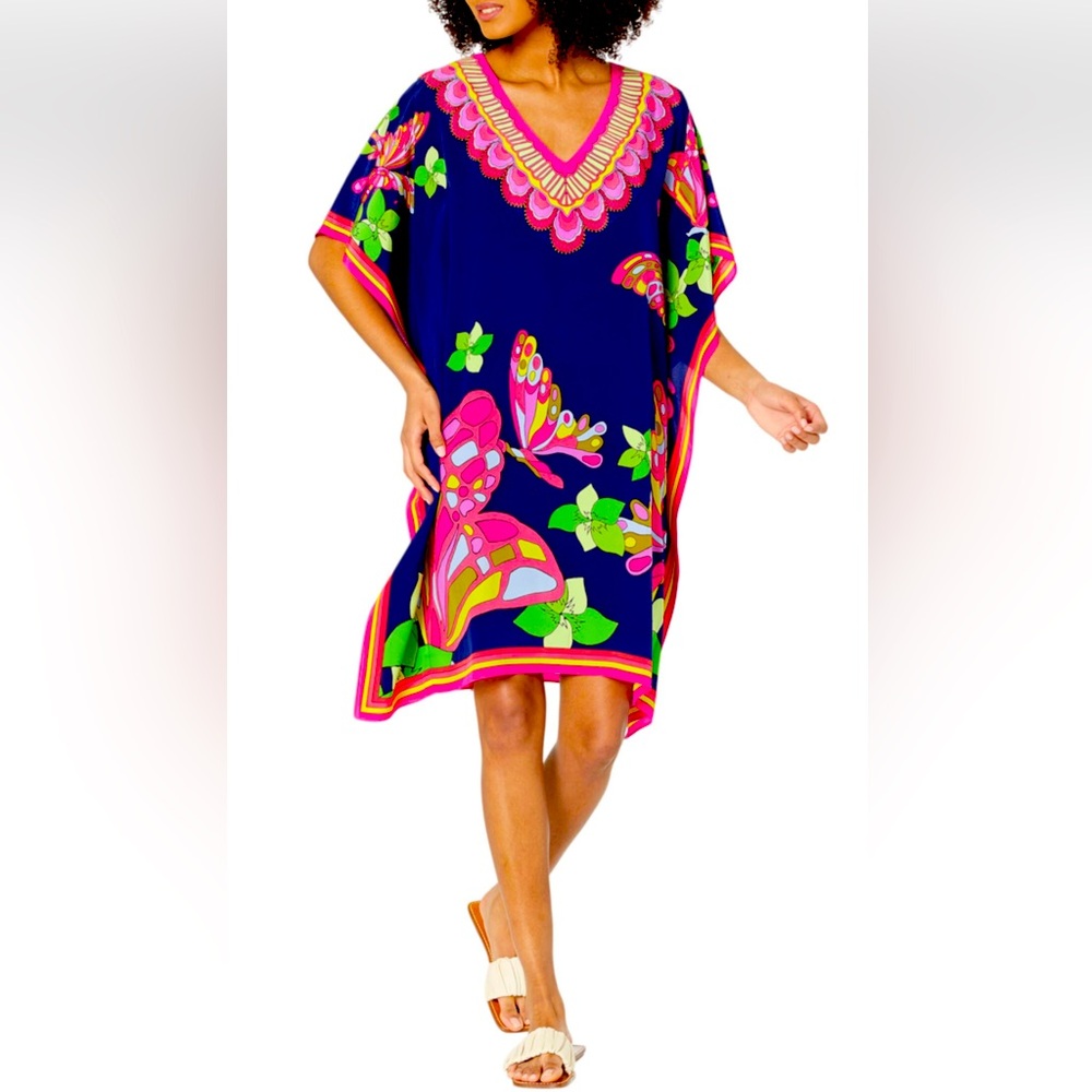 NWT $398 Trina Turk Theodora Butterfly 100% Silk Caftan Dress, Size M/L